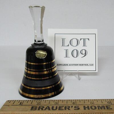 Vintage Bohemia Glass Bell Black Amethyst and Gold, Original Label