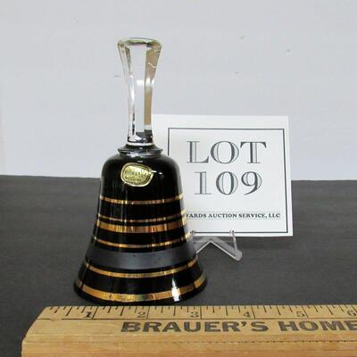 Vintage Bohemia Glass Bell Black Amethyst and Gold, Original Label