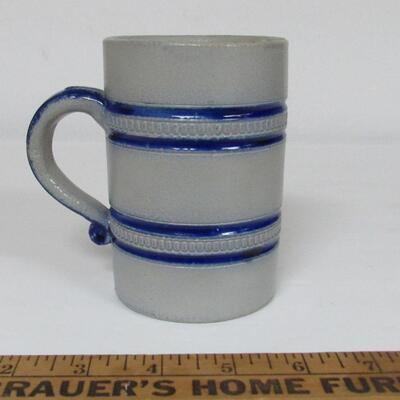 Vintage Stoneware Beer Stein Gray with Blue Bands, Marked B&D on Bottom