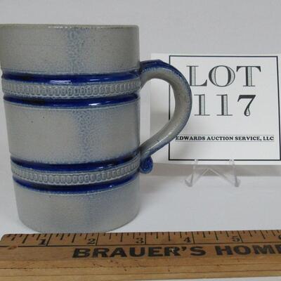 Vintage Stoneware Beer Stein Gray with Blue Bands, Marked B&D on Bottom