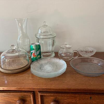 #87 Glassware FIRE-KING Pie Plate, Decanter, Candy Dish, Floral Plates and Bowl, Etc. Lot of 11