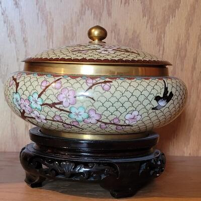 Lot 222: Cloisonne Jar with Lid and Stand