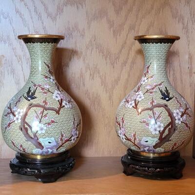 Lot 223: Cloisonne (Mirrored) Pair of Vases with Stands