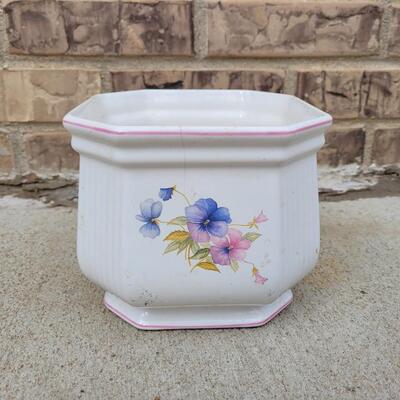 Lot 257: (2) Flower Pots (one white with Floral, one square Blue )