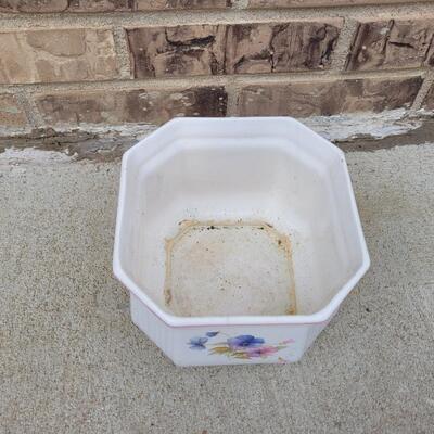 Lot 257: (2) Flower Pots (one white with Floral, one square Blue )