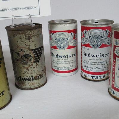 9 Different Budweiser Vintage Beer Cans some Flat Tops.  Read description for more info