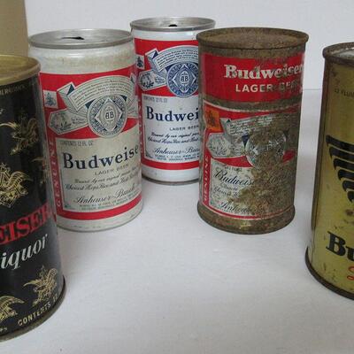 9 Different Budweiser Vintage Beer Cans some Flat Tops.  Read description for more info