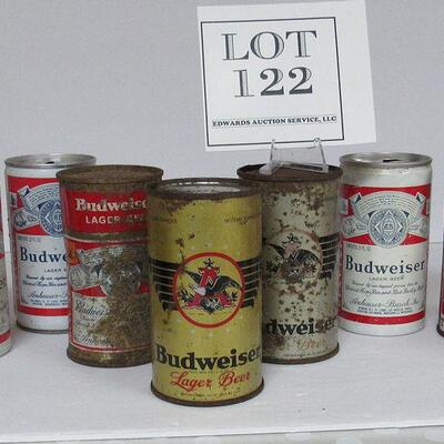 9 Different Budweiser Vintage Beer Cans some Flat Tops.  Read description for more info