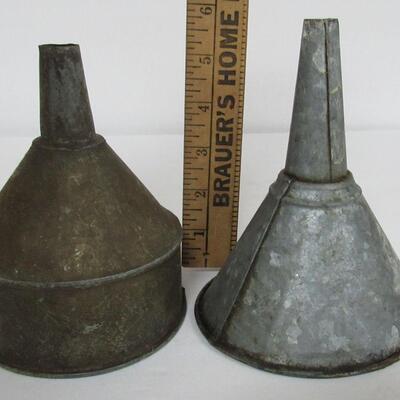 2 Vintage Galvanized Funnels Different Shapes, Medium Sized. 