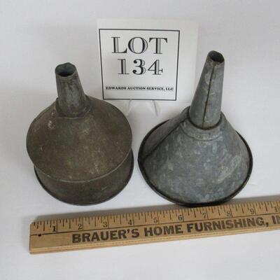 2 Vintage Galvanized Funnels Different Shapes, Medium Sized. 
