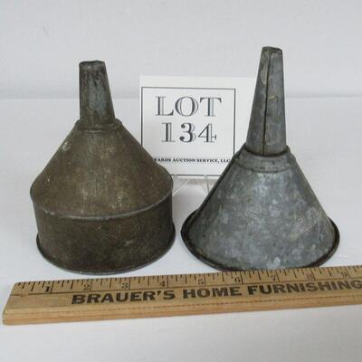2 Vintage Galvanized Funnels Different Shapes, Medium Sized. 