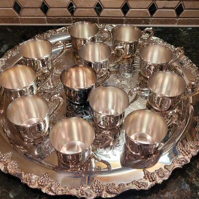 Lot 329: Silverplate Punch Bowl, Ladle, 12 cups and a Tray 