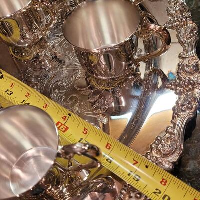 Lot 329: Silverplate Punch Bowl, Ladle, 12 cups and a Tray 
