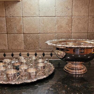 Lot 329: Silverplate Punch Bowl, Ladle, 12 cups and a Tray 