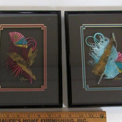 2 Modern Dimensional Framed Artwork Pieces, Metal Frames, Artist Signed