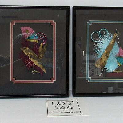 2 Modern Dimensional Framed Artwork Pieces, Metal Frames, Artist Signed
