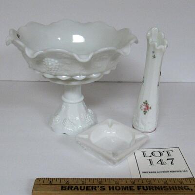 Westmoreland Paneled Grape Lot, Large Compote, Ashtray, Hand Painted Bud Vase