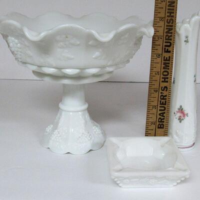 Westmoreland Paneled Grape Lot, Large Compote, Ashtray, Hand Painted Bud Vase