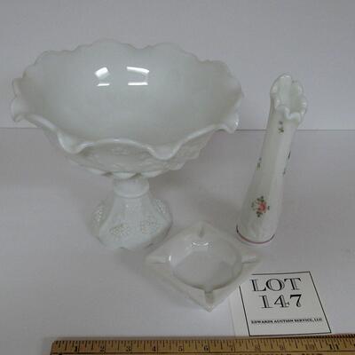 Westmoreland Paneled Grape Lot, Large Compote, Ashtray, Hand Painted Bud Vase
