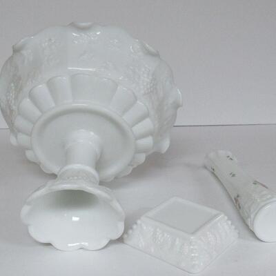 Westmoreland Paneled Grape Lot, Large Compote, Ashtray, Hand Painted Bud Vase