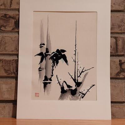 Lot 342: Japanese Woodblock with Bamboo and Blossoms)