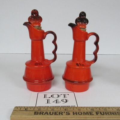 Vintage Metlox Poppytrail Red Rooster Pattern Oil and Vinegar Bottles (Orange and Brown Coloring)
