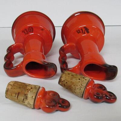 Vintage Metlox Poppytrail Red Rooster Pattern Oil and Vinegar Bottles (Orange and Brown Coloring)