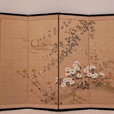 Lot 354: 4 Panel Painted Screen Depicting Autumn Flowers & Moon by HOGETSU NAKANISHI with Original Paperwork Clips