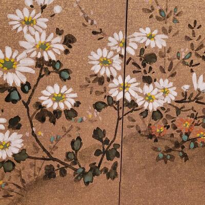 Lot 354: 4 Panel Painted Screen Depicting Autumn Flowers & Moon by HOGETSU NAKANISHI with Original Paperwork Clips