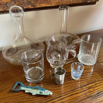 #145 Collection of Barware Glass Decanters, Shot Glass, Glasses Etc Lot of 8