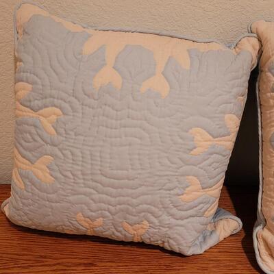 Lot 368: Hawaiian Quilted Pink & Blue Back Pillows (have some discoloration)