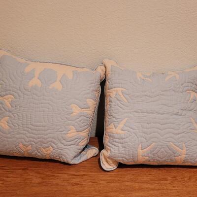 Lot 368: Hawaiian Quilted Pink & Blue Back Pillows (have some discoloration)