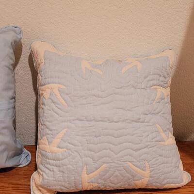 Lot 368: Hawaiian Quilted Pink & Blue Back Pillows (have some discoloration)