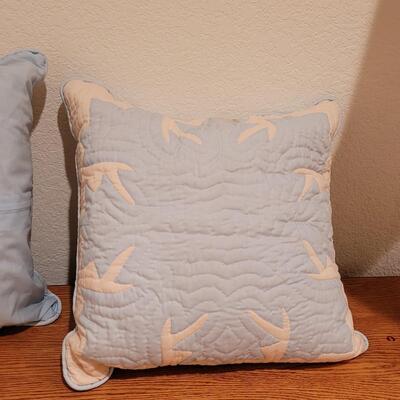 Lot 368: Hawaiian Quilted Pink & Blue Back Pillows (have some discoloration)