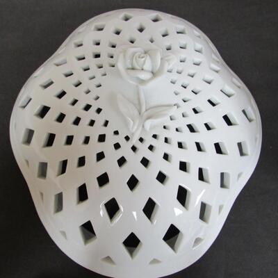 Rare Piece Lefton 60th Anniversary Legacy White 8" Long Pierced Covered Dish Applied Rose on Top