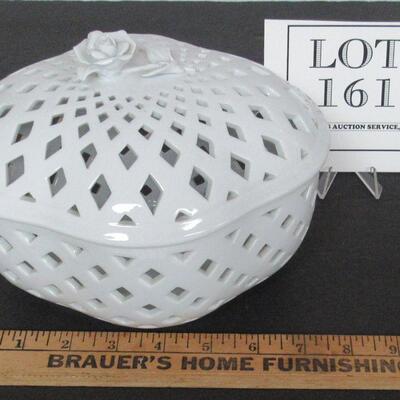 Rare Piece Lefton 60th Anniversary Legacy White 8" Long Pierced Covered Dish Applied Rose on Top