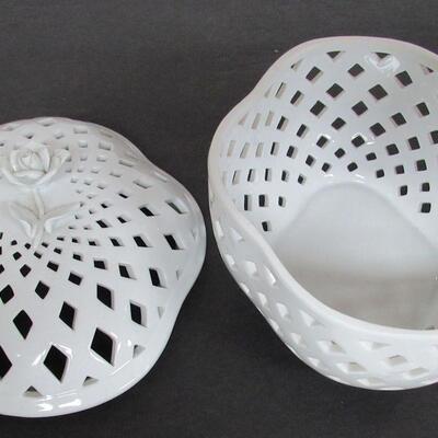 Rare Piece Lefton 60th Anniversary Legacy White 8" Long Pierced Covered Dish Applied Rose on Top