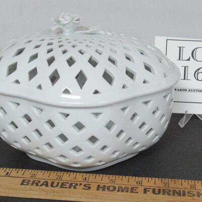 Rare Piece Lefton 60th Anniversary Legacy White 8" Long Pierced Covered Dish Applied Rose on Top