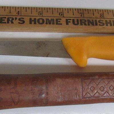 Vintage Swibo Yellow Plastic Handled Fillet Knife with Fancy Sheath