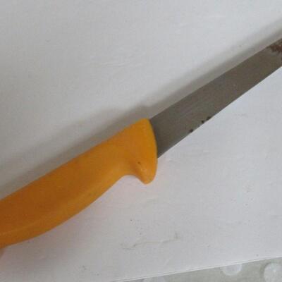 Vintage Swibo Yellow Plastic Handled Fillet Knife with Fancy Sheath