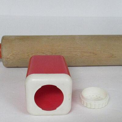 Old Wood Red Handled Rolling Pin and Plastic Pepper Shaker