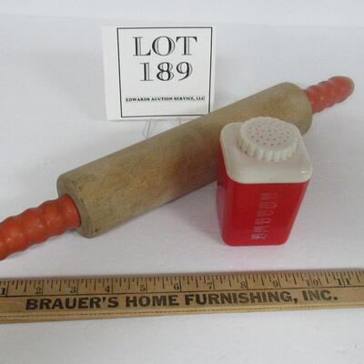Old Wood Red Handled Rolling Pin and Plastic Pepper Shaker