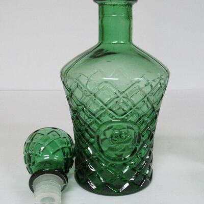 Green Pressed Glass Decanter Set With  Small Glasses