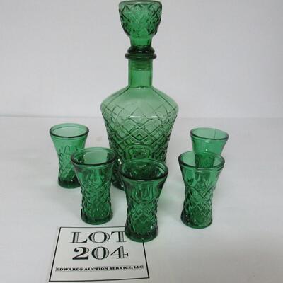 Green Pressed Glass Decanter Set With  Small Glasses