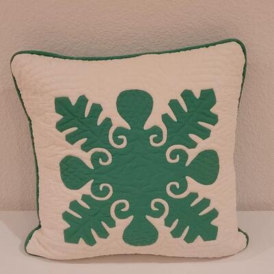 Lot 372: Hawaiian Green and White Quilted Pillow 