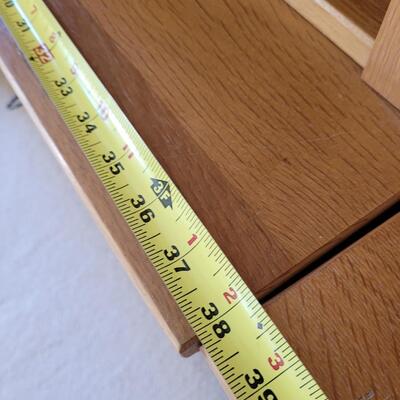 Lot 400: 2 piece Oak Locking Drop Shelf and Cabinet 
