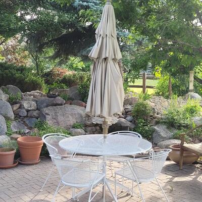 Lot 403: Wrought Iron Patio Table and 4 Chairs with Umbrella 