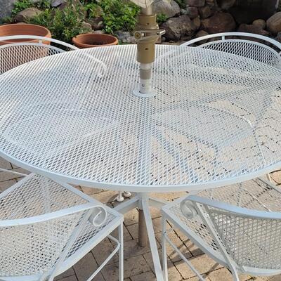 Lot 403: Wrought Iron Patio Table and 4 Chairs with Umbrella 