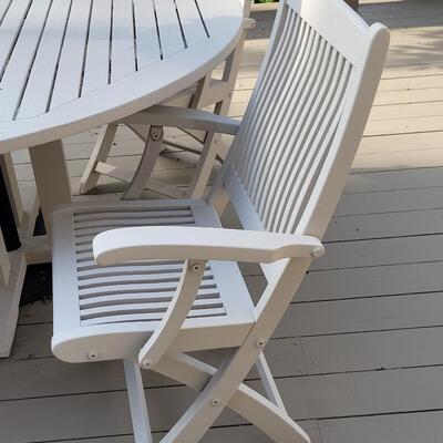 Lot 407: Outdoor Painted Wood Patio Table, 4 Chairs, Umbrella and Stand