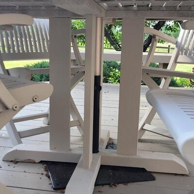 Lot 407: Outdoor Painted Wood Patio Table, 4 Chairs, Umbrella and Stand